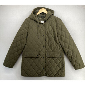 DKNY Jacket Womens S Hooded Micro Fiber Barn Quilted Coat Snap Button Green